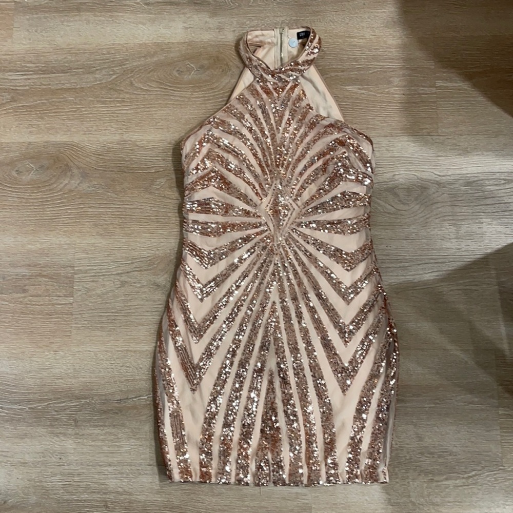 Fashion nova rose gold sequence halter mini dress